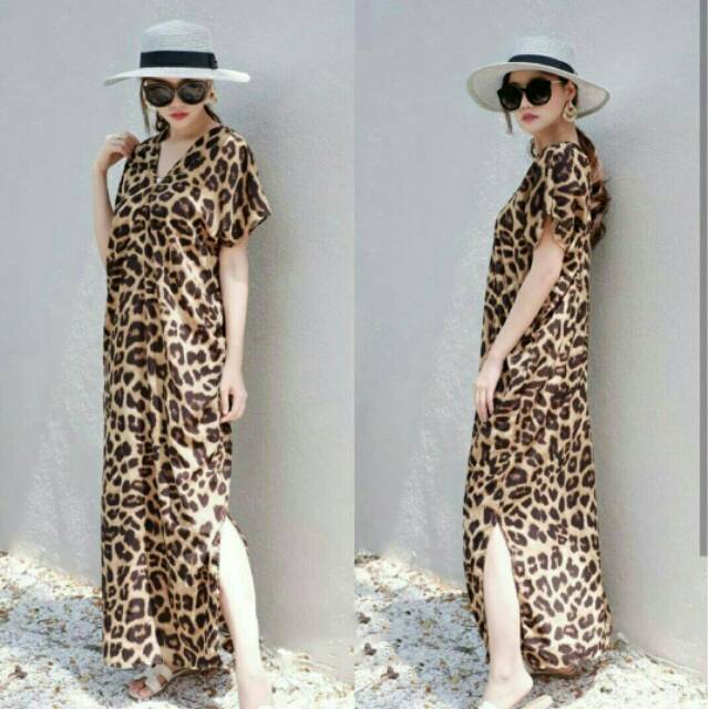 gamis honey / gamis leopard lengan pendek / maxi leopard fashion / maxi dress wanita