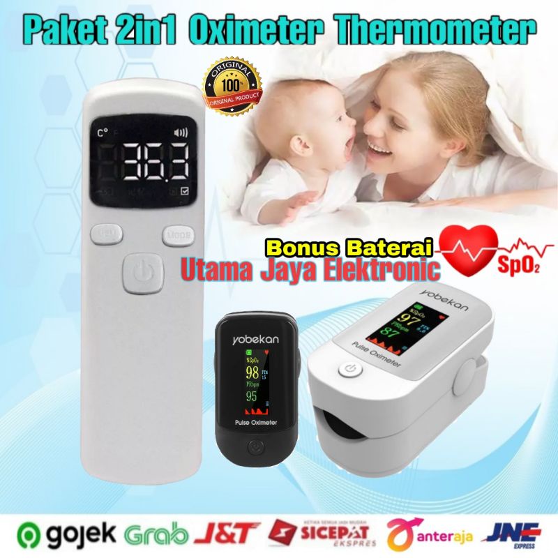 Paket 2in1 Thermometer Gun Fingertip Oximeter Pulse Sp02