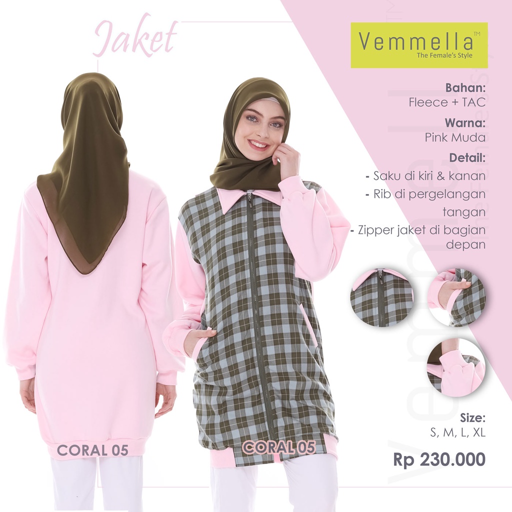 Jaket Fleece Wanita Vemmella Jaket Cewek Muslimah Motif Lengan Panjang Coral 05 Original