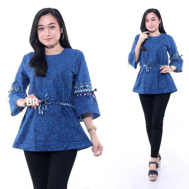 Batik Couple keluarga Maura Couple Sania Ruffle Ori Ndoro Jowi dnt Termurah motif mega mendung biru-Bluse tali