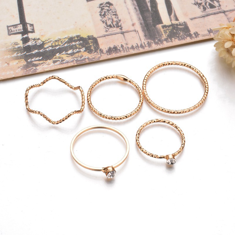 5pcs / Set Cincin Jari Telunjuk Desain Gelombang Hias Berlian Untuk Wanita