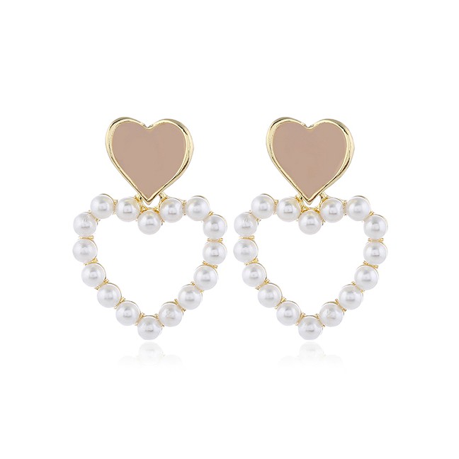 LRC Anting Tusuk Fashion Contrasting Oil Drop Heart Stud Earrings With Pearls A60561