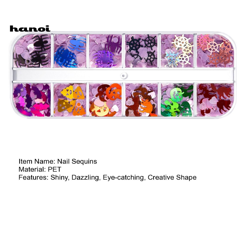 Han_ 1 Kotak Sequin Bentuk Labu / Hantu / Laba-Laba Untuk Dekorasi Nail Art DIY