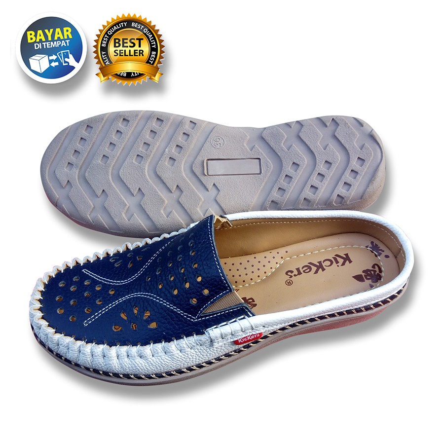 PROMO 4.4 MEGA SALE !! SEPATU WANITA DEWASA KULIT SAPI ASLI SLOP RAMPEL BIRU PUTIH / SAKIPO