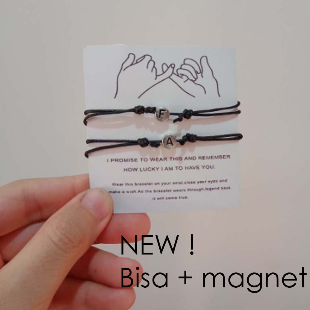 Gelang Couple Nama INISIAL BULAT SILVER TALI KULIT Custom Magnet