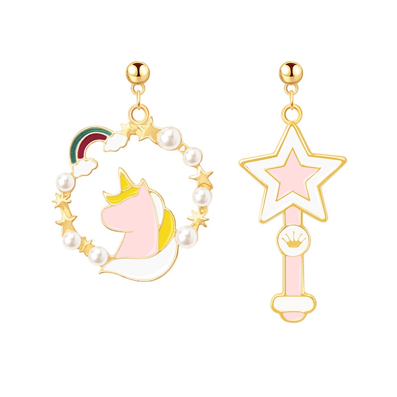 Rainbow unicorn anting-anting fantasi Jepang dan Korea style lucu tongkat sihir mahasiswa perak stud