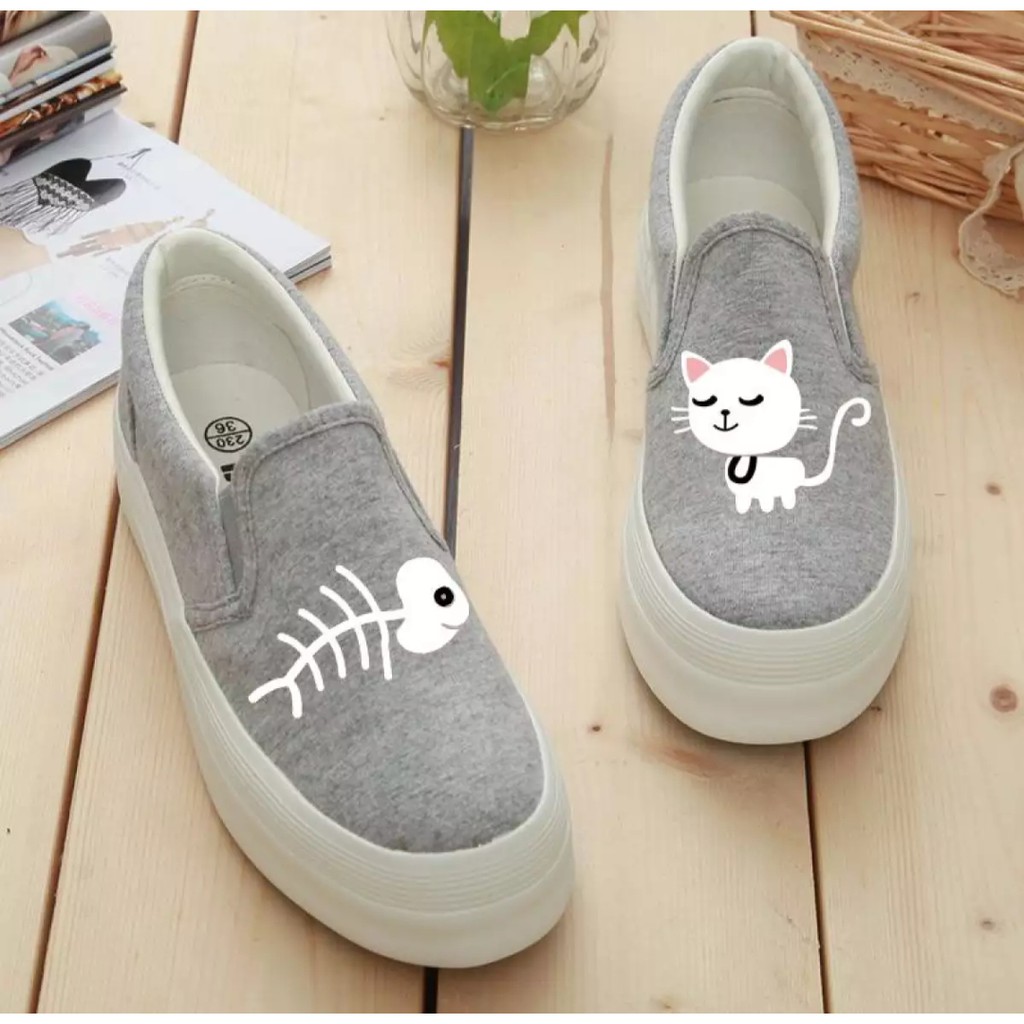 HD-SEPATU WANITA SLIP ON BONE FISH PRINTING MURAH - ABU HITAM DAN BIRU DONGKER