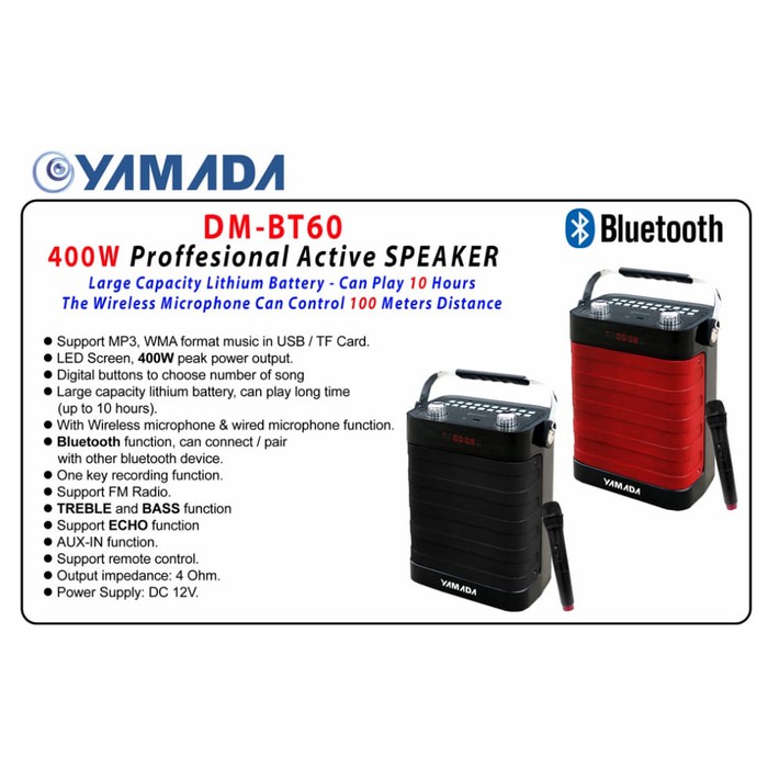 Yamada Speaker Bluetooth Aktif BT-60 Profesional Active Layar LED 400W - Hitam