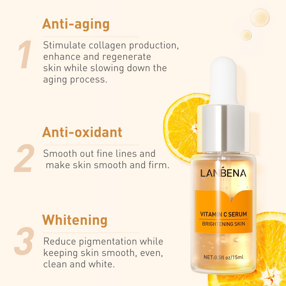 [Ori100%]LANBENA Serum Vitamin C Facial Serum Whitening Pemutih Wajah Mencerahkan Wajah Lighten Spots Fade Dark Spots Anti Aging kulit Bintik Serum Essence Wajah Perawatan Kecantikan(15ml)