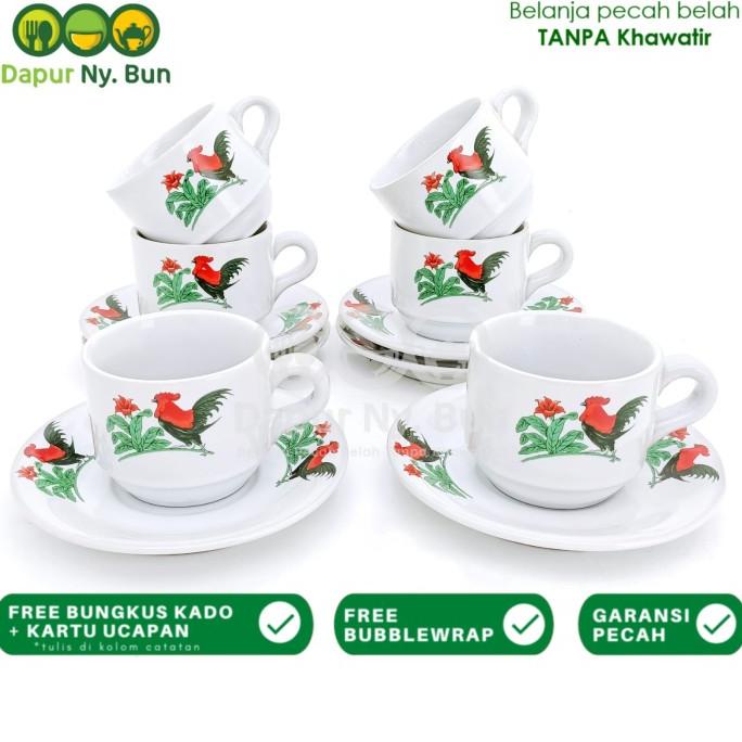 6 Pasang Cangkir Set Kopi Motif AYAM JAGO JADUL / Gelas & Saucer