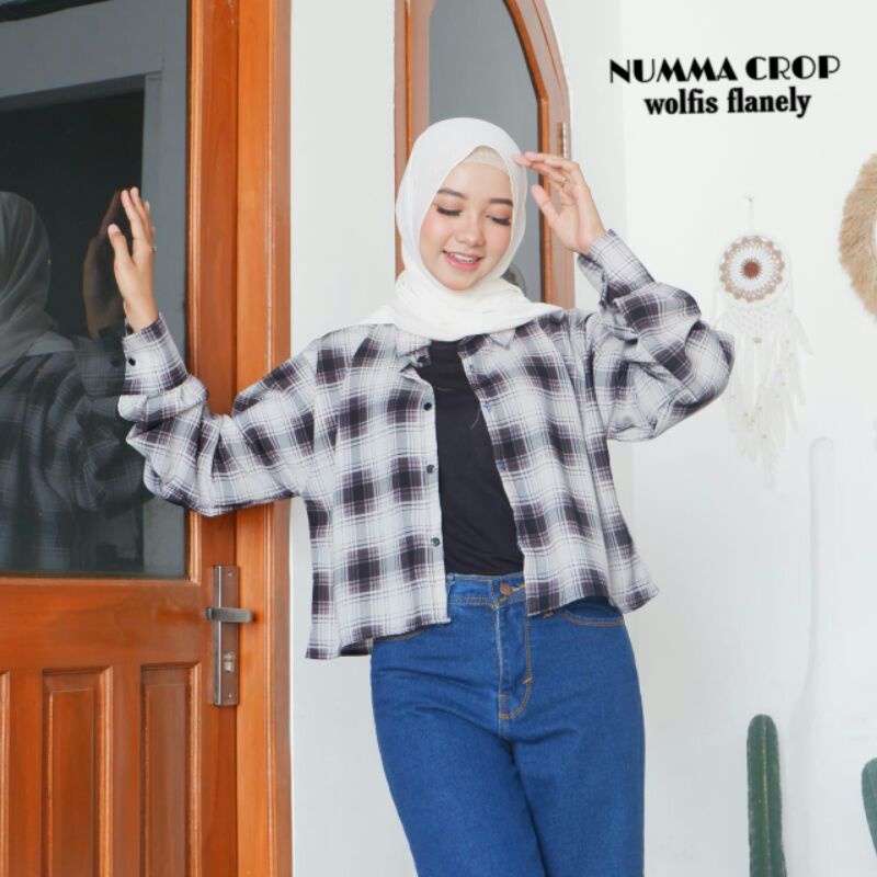BLOUSE TARTAN LENGAN BALON MIZU KOREAN STYLE | KEMEJA MODEL FLANEL WANITA NUMMA-Numma Black