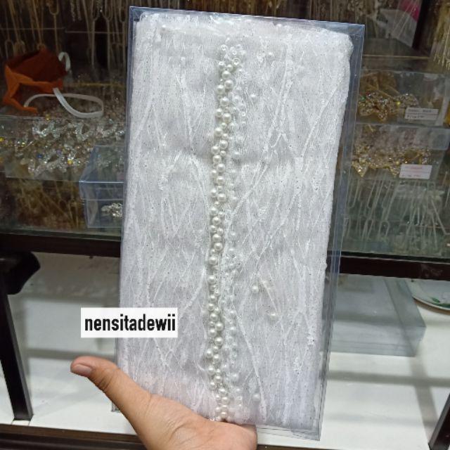 KERUDUNG PENGANTIN / VEIL MUTIARA MOTIF AKAR / VEIL MUTIARA POLOS / VEIL PENGANTIN-Putih (Akar)