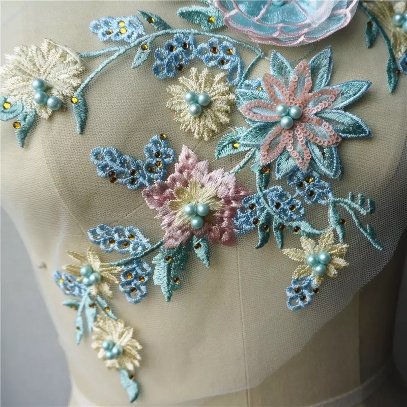 Aplikasi Lace 3D Flowers Beads Rhinestones