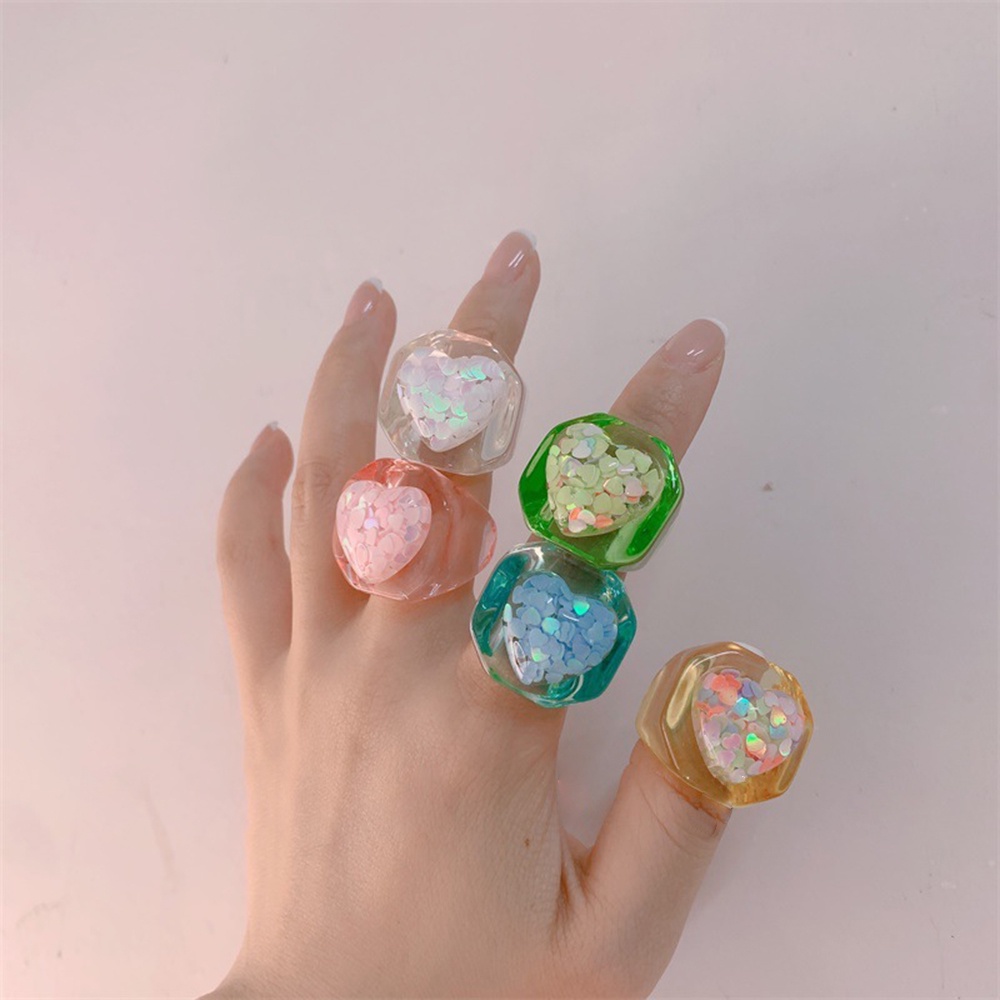 【COD Tangding】Cincin Jari Telunjuk Desain Geometri Persegi Panjang Bahan Resin Hias Sequin Glitter Untuk Wanita