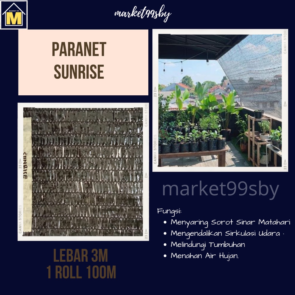 Paranet Meteran Sunrise 80% Rajut 50% Grand 90% Warna Hitam Lebar 3 Meter HDPE Jaring Peneduh Tanama