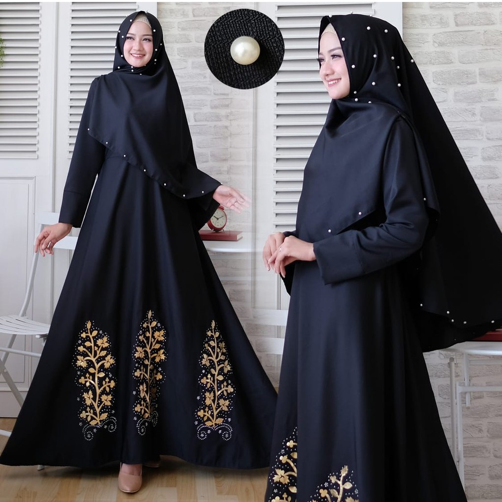 HOPYLOVY - Gamis Wanita Modern Rosma Syari + Bergo Tabur Mutiara