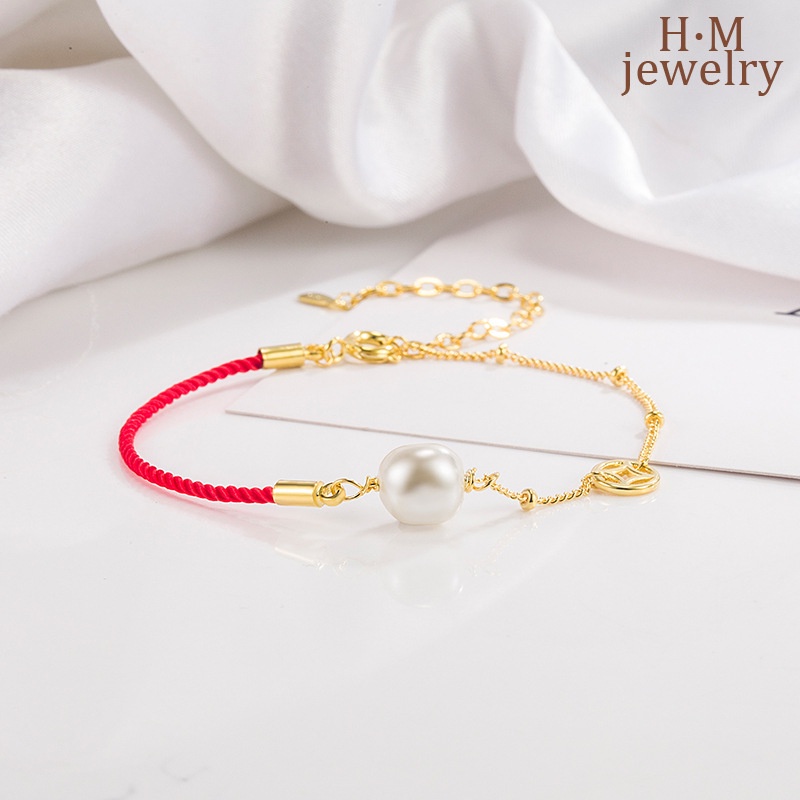 Gelang Tali Merah Aksen Mutiara Bahan S925 Silver Gaya Retro