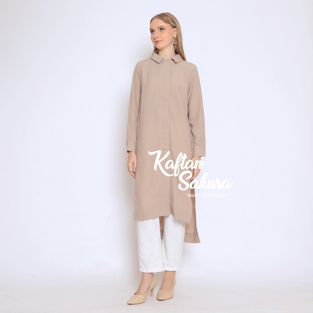 atasan tunik wanita LONG SHIRT warna nude Kemeja tunik polos lengan panjang, Long outer wanita Jumbo S - XL bahan Tencel Cotton