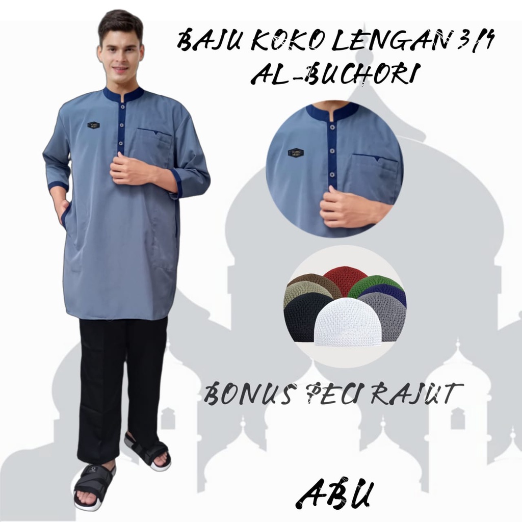 koko kurta pakistan pria dewasa dan remaja lengan 3/4/AL-BUKHORI/busana muslim original terlaris/bonus peci rajut