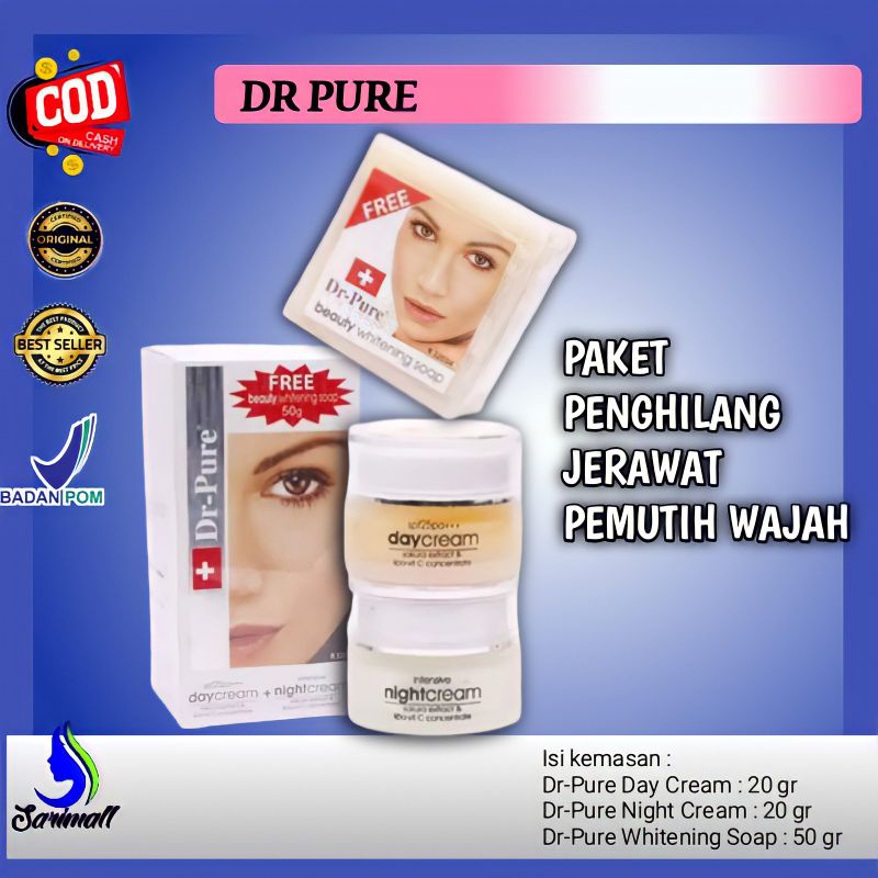 DR-PURE Paket 3in1 Set BPOM Terbaru Skincare Pemutih wajah day and night cream, and tranparent soap Paket Skincare Pemutih Penghilang Flek Hitam  Krim Siang &amp; Malam SUDAH BPOM TERBARU Original 100%