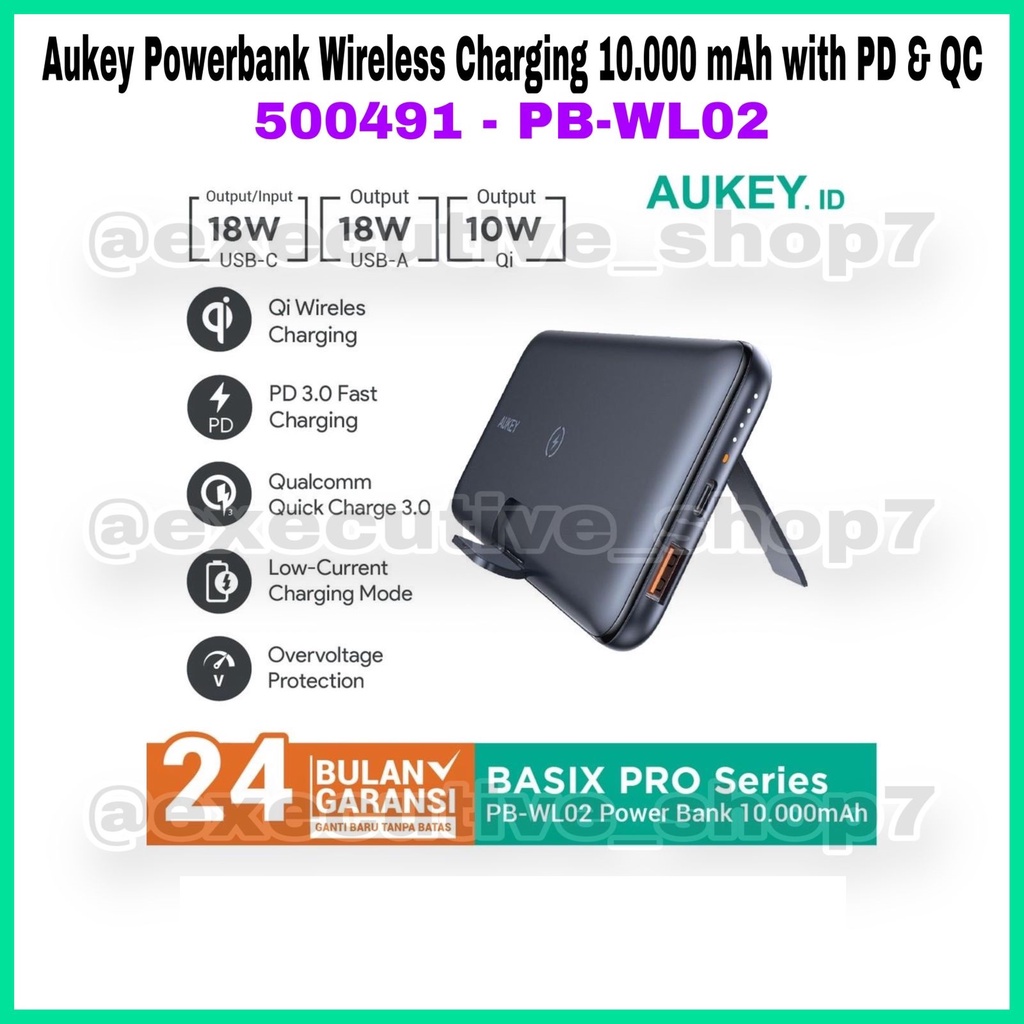 Aukey Powerbank Wireless Charging 10.000 mAh with PD &amp; QC - 500491 / 500972 - PB-WL02