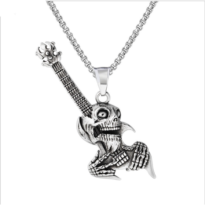 2022 Kalung Liontin Tengkorak Gitar Bahan Titanium Steel Gaya Retro Punk Rock Eropa Amerika Untuk Pria