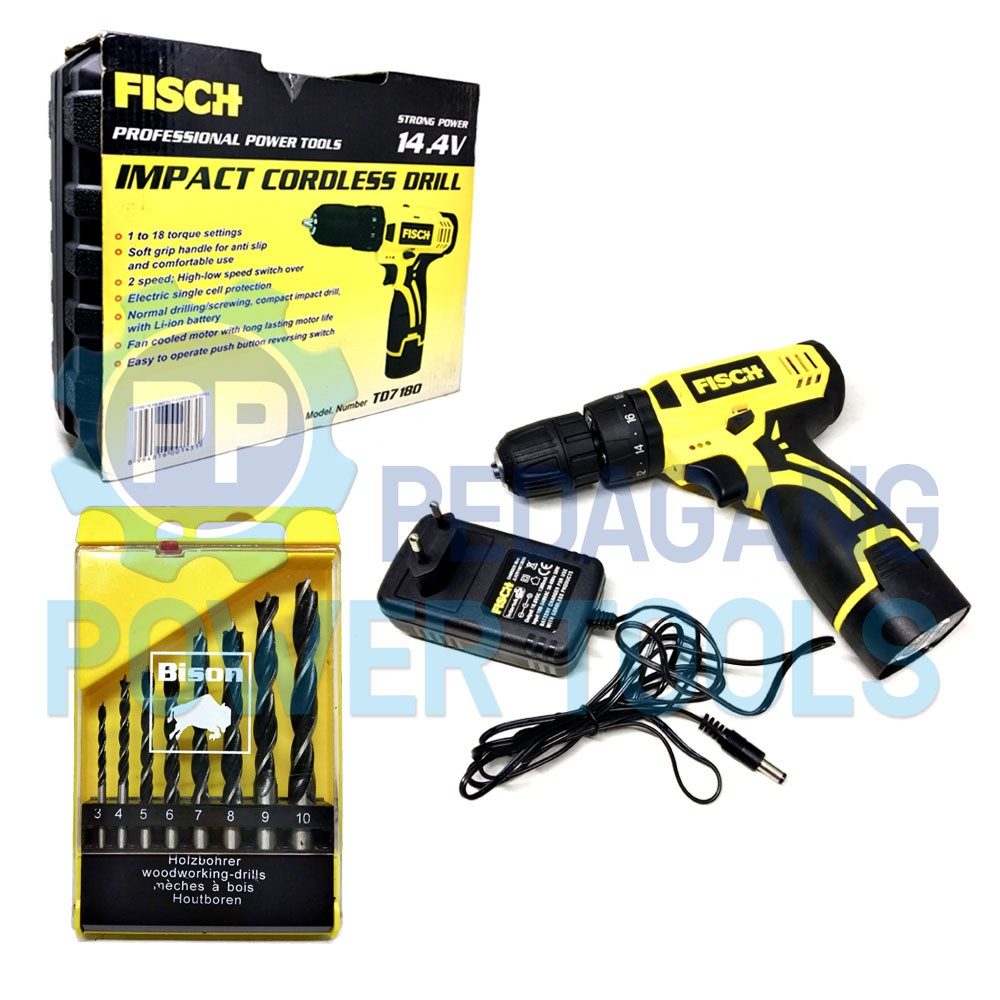 FISCH TD7180 BOR BATERAI IMPACT CORDLESS & MATA BOR KAYU SET 8 PCS