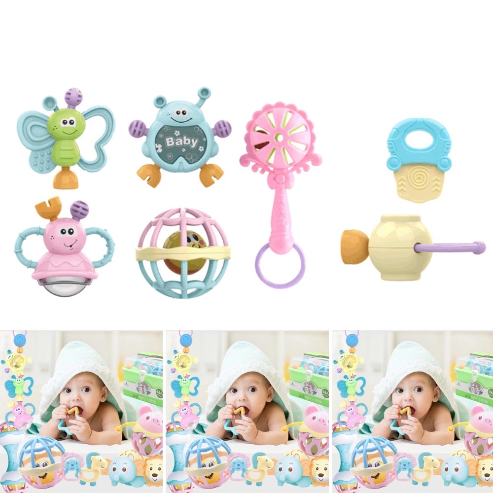 Baby Teether Rattle Teething Kit Mainan Gigitan Bayi Silikon PP Gigitan Bayi Teether Mainan Bayi WJ02