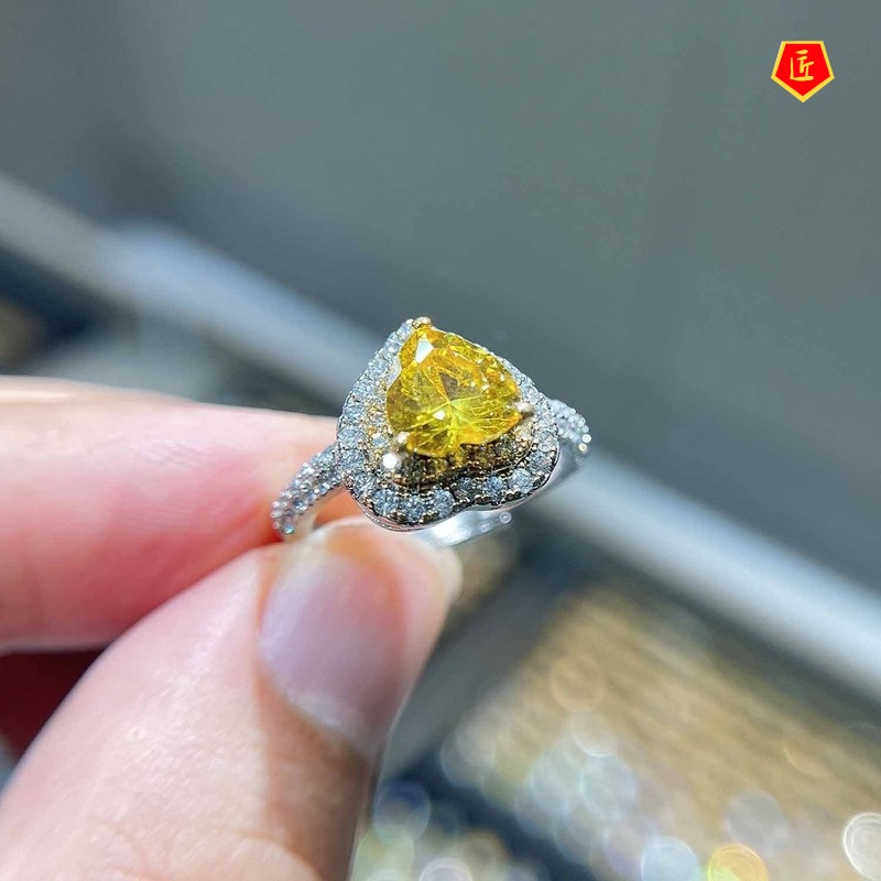 [Ready Stock]Classic Citrine Love Heart-Shaped Micro-Inlaid Crown Open Ring