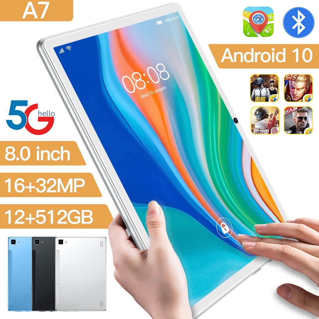 【Baru】2023 Asli Terbaru Tablets PC A7 12GB + 512GB Tablet Android 8 Inci Layar Besar Full Screen Wifi 5G Dual Sim Untuk Anak Belaja