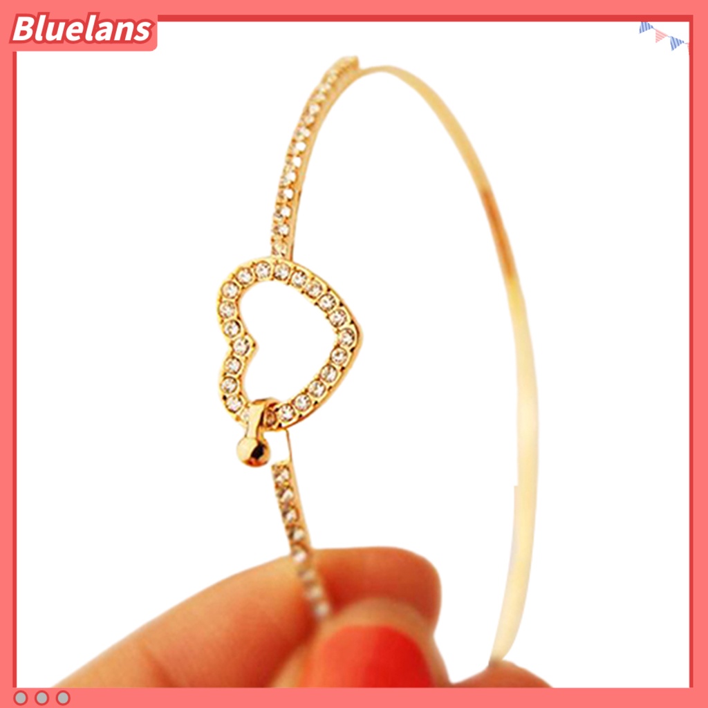 Bluelans Slim Bangle Love Heart Charm Luxury Golden Crystal Rhinestone Bracelet Slim Bangle for Women