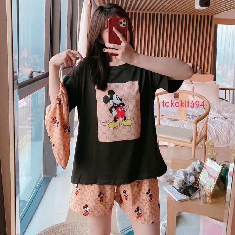 Piyama Korea Import Lengan Pendek 1 Set Free Pouch - Pakaian Wanita Korea Import - Baju Tidur Pakaian Wanita 3 in 1