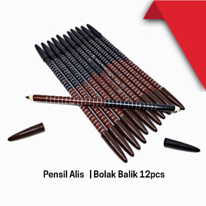 Pensil Alis Eyebrow Pensil Bolak Balik Hitam dan Cokelat Grosir (12pcs)