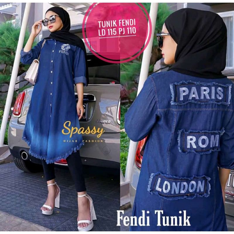 Longtunik Jeans wanita LD 115cm bordir Paris London Roma - tunik jeans wanita terbaru kekinian - tunik long jeans