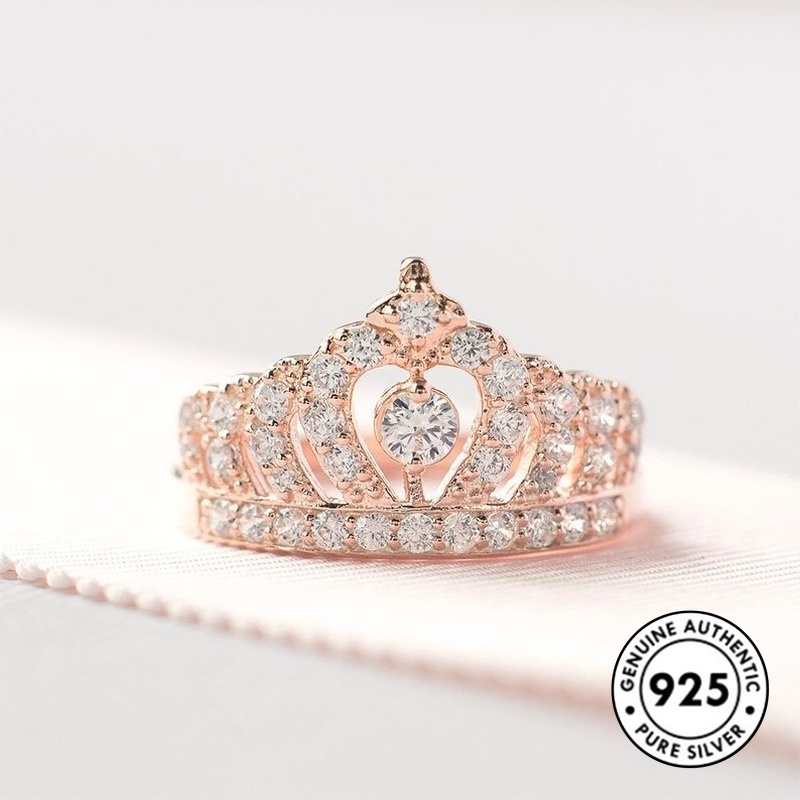 Cincin S925 Silver Rose Gold Bentuk Mahkota Aksen Berlian