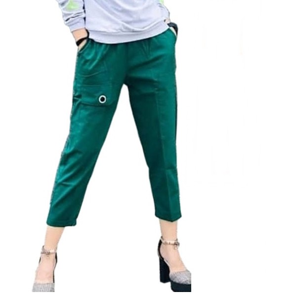 Celana Cargo Wanita Bahan Katun Celana Motif Ring Panjang Hijau Botol Trendy Kekinian