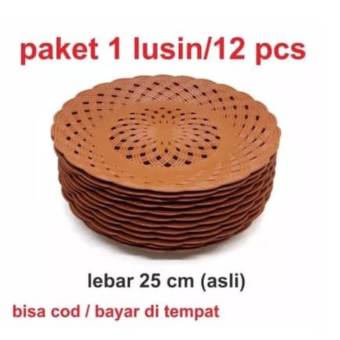 12 pcs Piring Model Ayaman Rotan Plastik Coklat