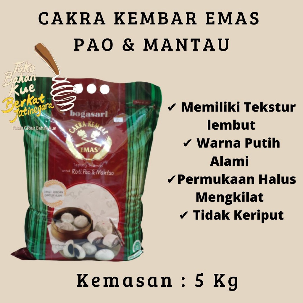 TEPUNG CAKRA KEMBAR EMAS BOGASARI KHUSUS ROTI PAO, MANTAO &amp; BAKPAO 5 KG