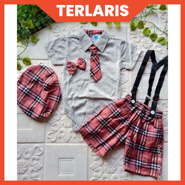 [3-18M] 6in1 Baju setelan jumper celana dasi pergi jalan lucu bestseller fashion anak bayi cowok murah / setelan jumper tuxedo 6in1 set jumper baby boy lucu / hampers baby cowok murah / setelan jumper bayi suspender topi dasi