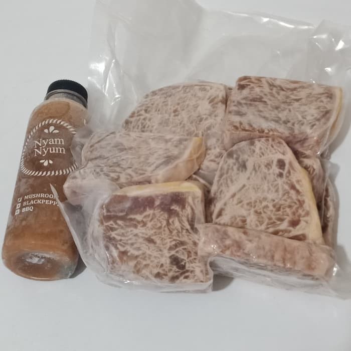 

Wagyu Meltique Meltik Steak Sapi 1 kg paket Bumbu Siram Mushroom Barbeque Blackpepper Potongan Acak Sirloin