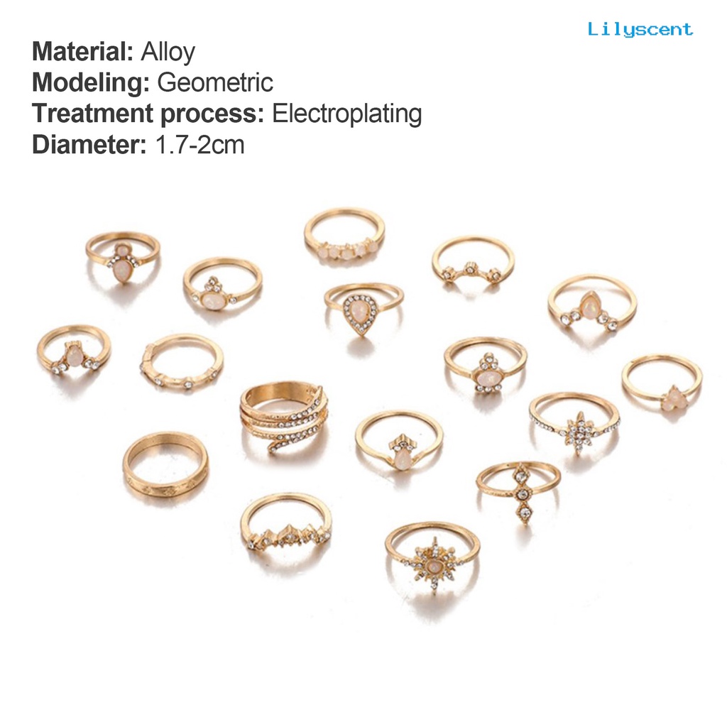 17pcs / Set Cincin Jari Permata Berlian Imitasi Gaya Bohemian Untuk Wanita