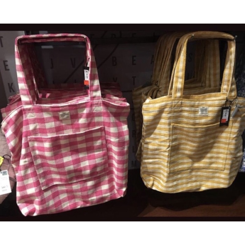 sale typo tartan tote bag canvas tas belanja wanita shopping bag pink yellow
