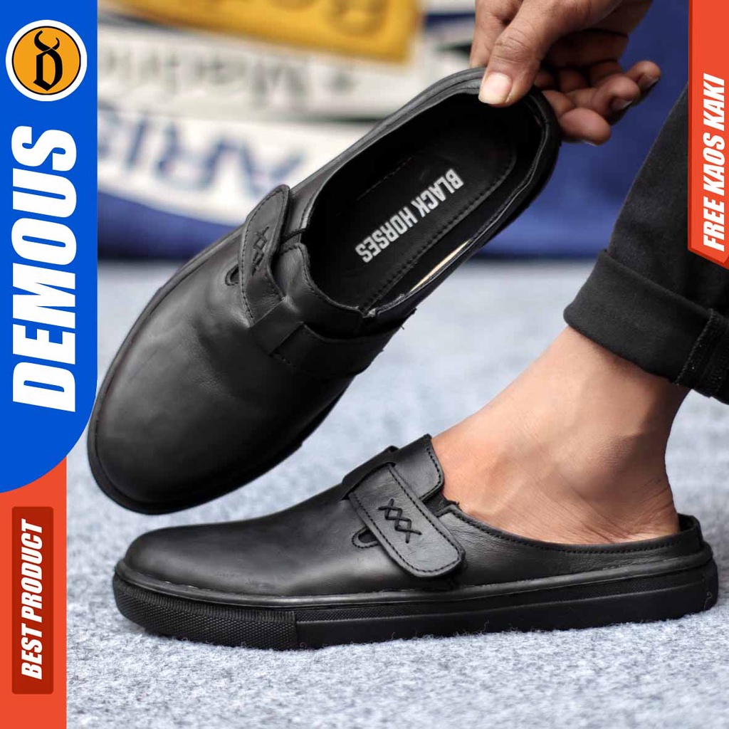 DEMOUS ZLOP Sepatu Sandal Kulit Bustong/Tutong Hitam Pria