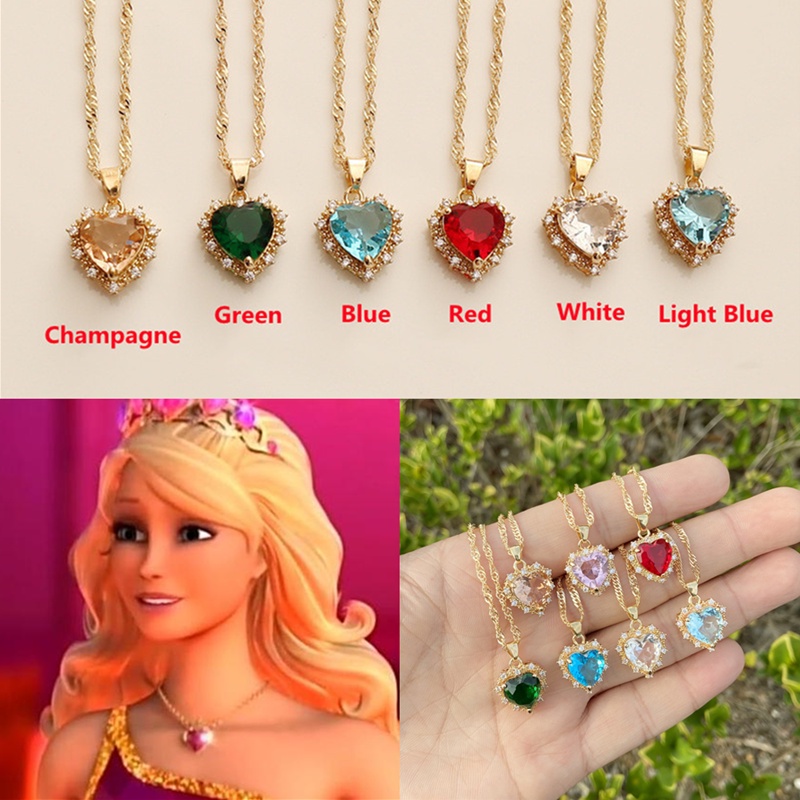 Kalung Rantai Emas 18K Dengan Liontin Hati Hias Batu Zircon Kubik Hypoallergenic Untuk Wanita Barbie