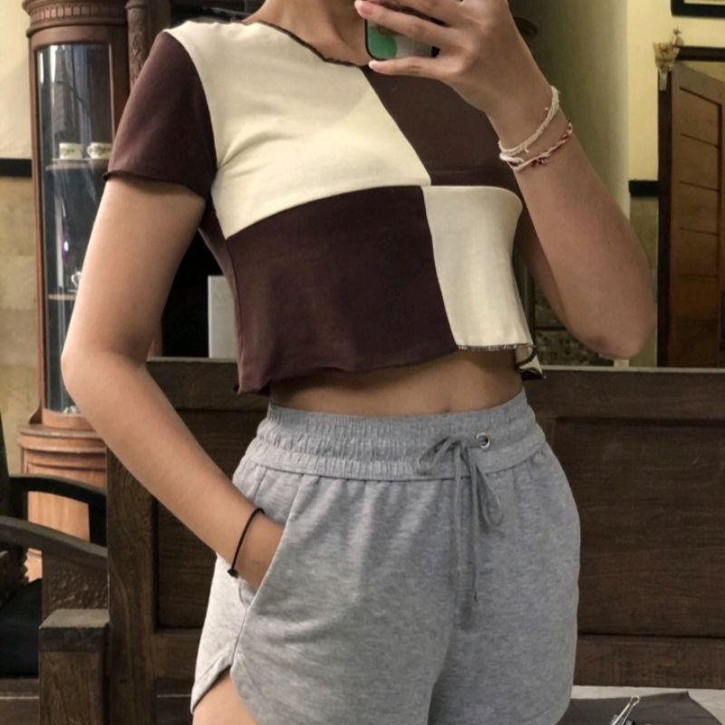 Kayshop | Two tone Crop top [COD] Rib Crop Top Two Tone / baju wanita korea / crop top korea