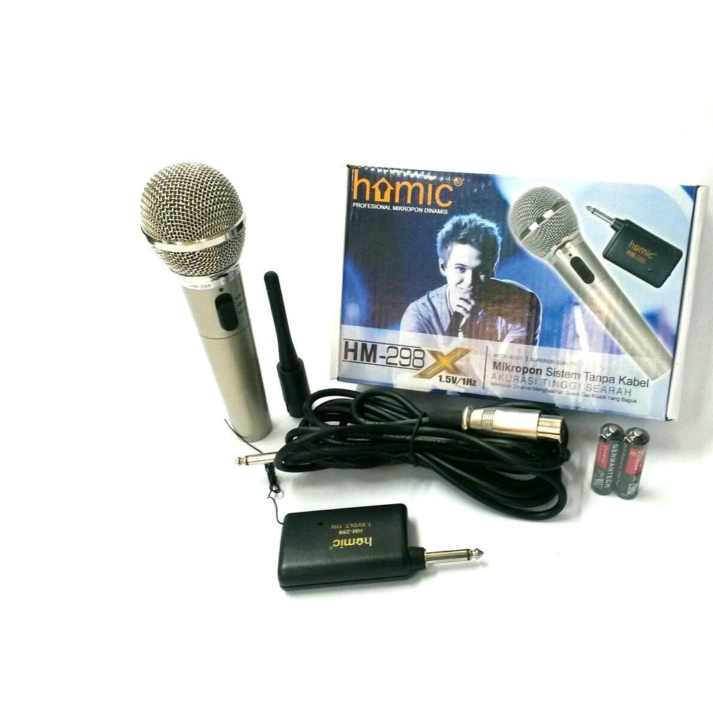 Homic HM-298 Mic Wireless 2in1 Microphone Karaoke Tanpa Kabel Original