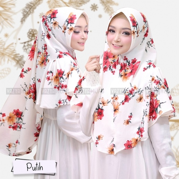 Dijual Hijab Khimar ORI Motif Printing Soraya / Tsuraya by Vazya Hijab - Putih tulang Berkualitas