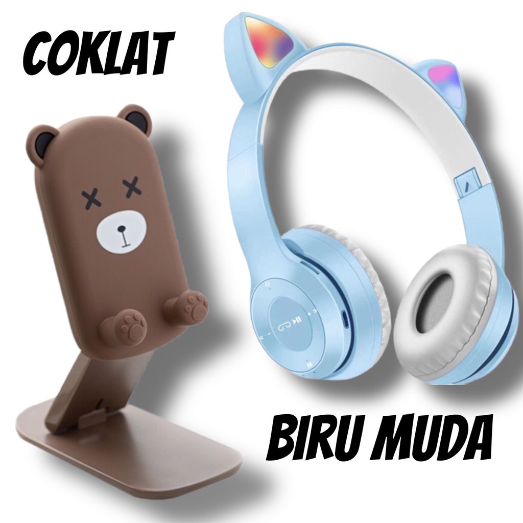 Silvertech Paket Belajar Online Headphone Bluetooth dan Holder Meja Imut Headphone Kucing dan Holder Meja Karakter