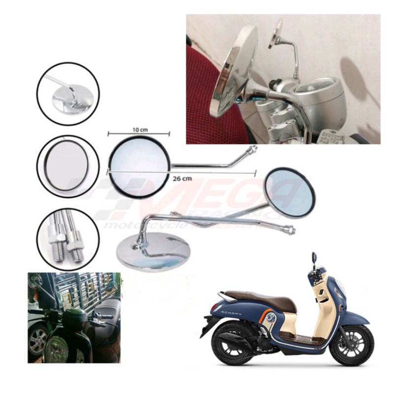 Spion Honda Scoopy Dan Genio Tangkai panjang full besi Full chrome