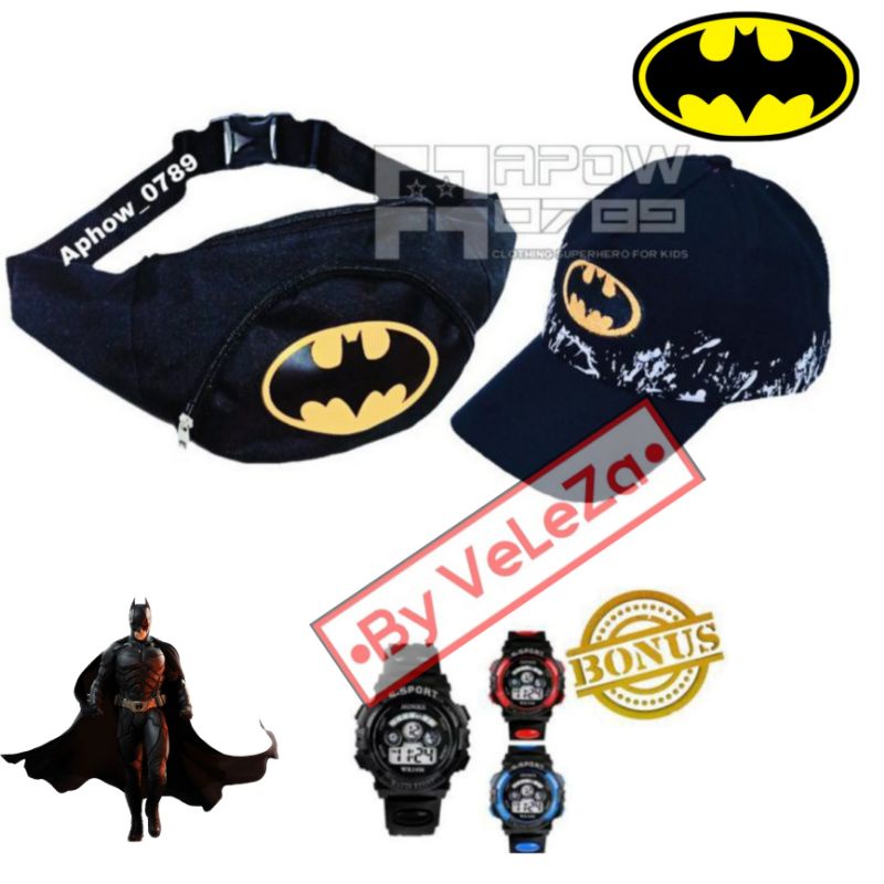 waistbag anak canvas karakter superhero 3in1 - tas + topi + jam